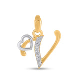 V Letter Initial with Heart Diamond Pendant 10K Yellow Gold